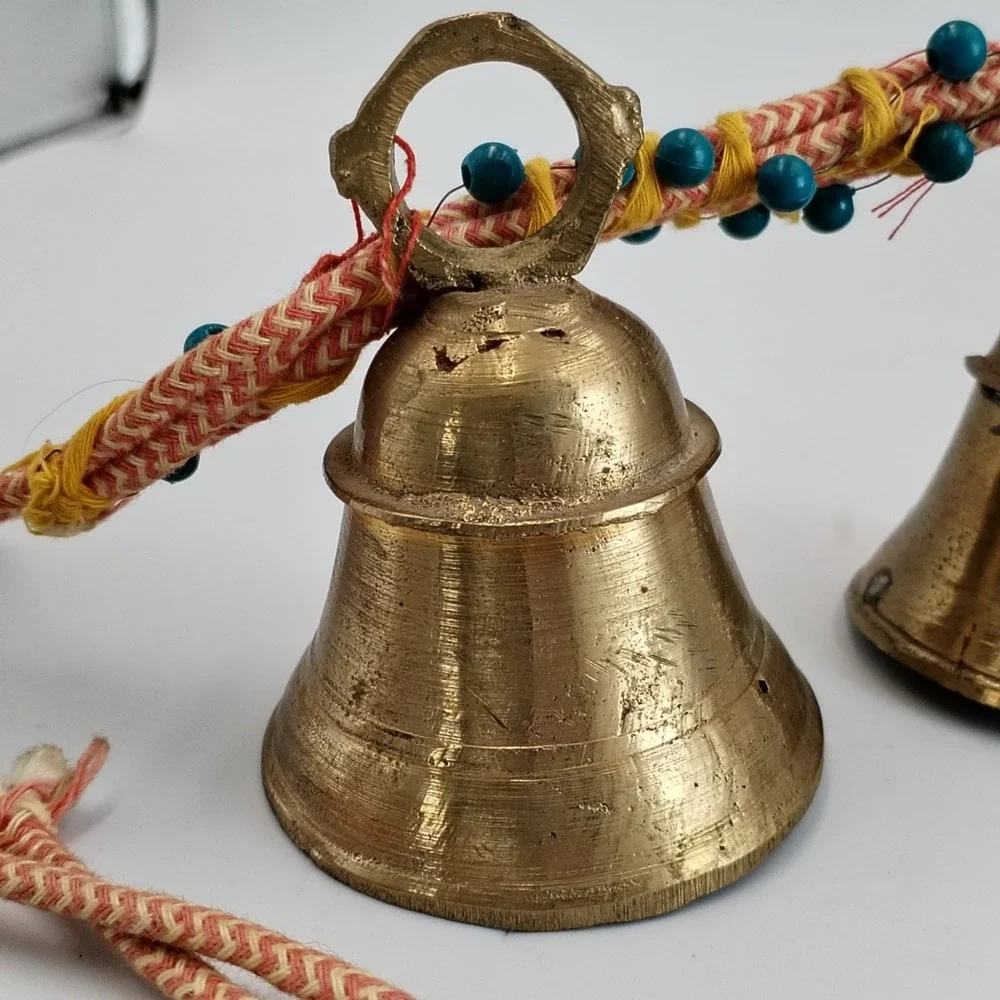 Vintage India Brass Bells on Rope String of 3 Beaded Door Hanger Boho Chime Vtg